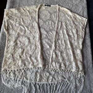 Magnolia Lane Cream Floral Lace Fringe Kimono Cardigan Open Front Boho Cover Up